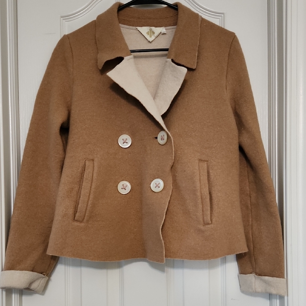 Tan Peacoat with Notched Lapel and Wool Blend Fabric